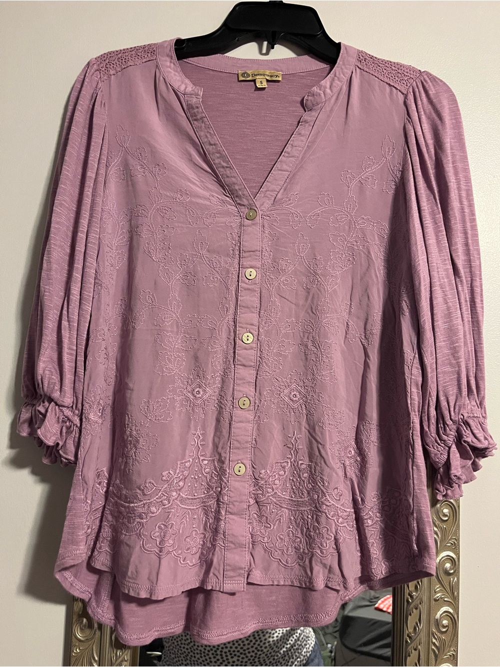 Democracy Mauve Embroidered Button-Up Blouse